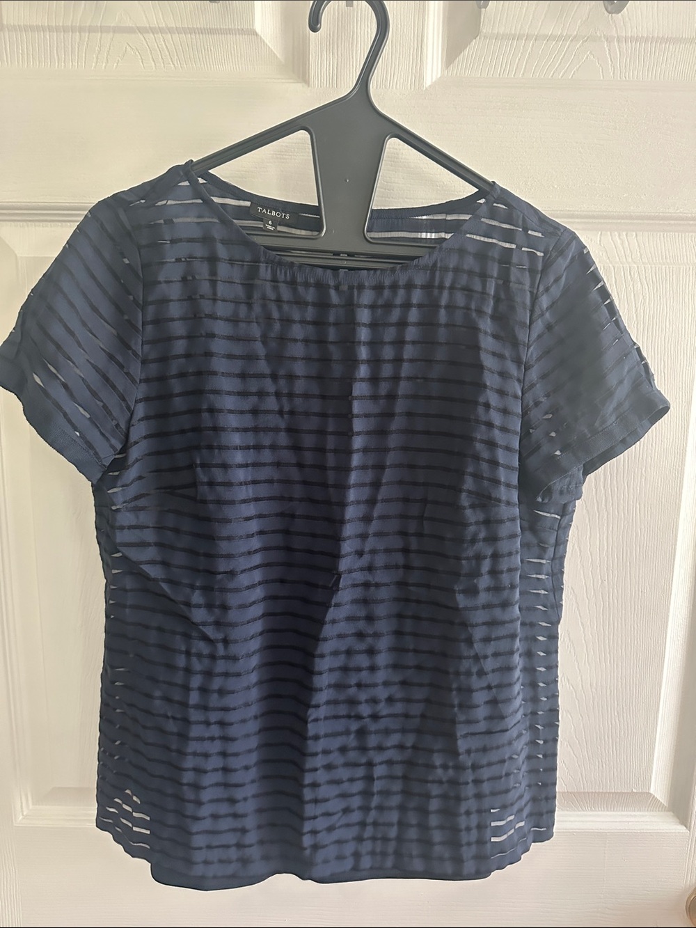 Talbots - Navy Short-Sleeve Sheer-Stripe Top with Embedded Camisole